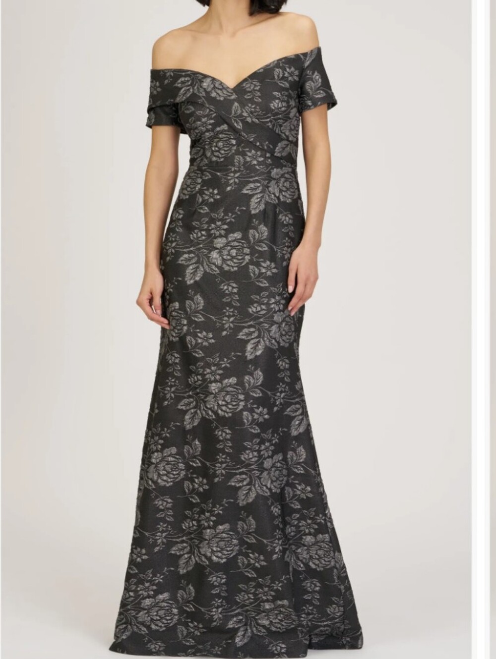 JS Collections Off-Shoulder Black Floral Jacquard Evening Dress....Size 18